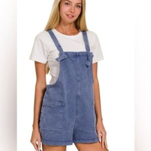 New Dusty Blue Knotted Strap Cotton Stretch Overall Romper with Pockets